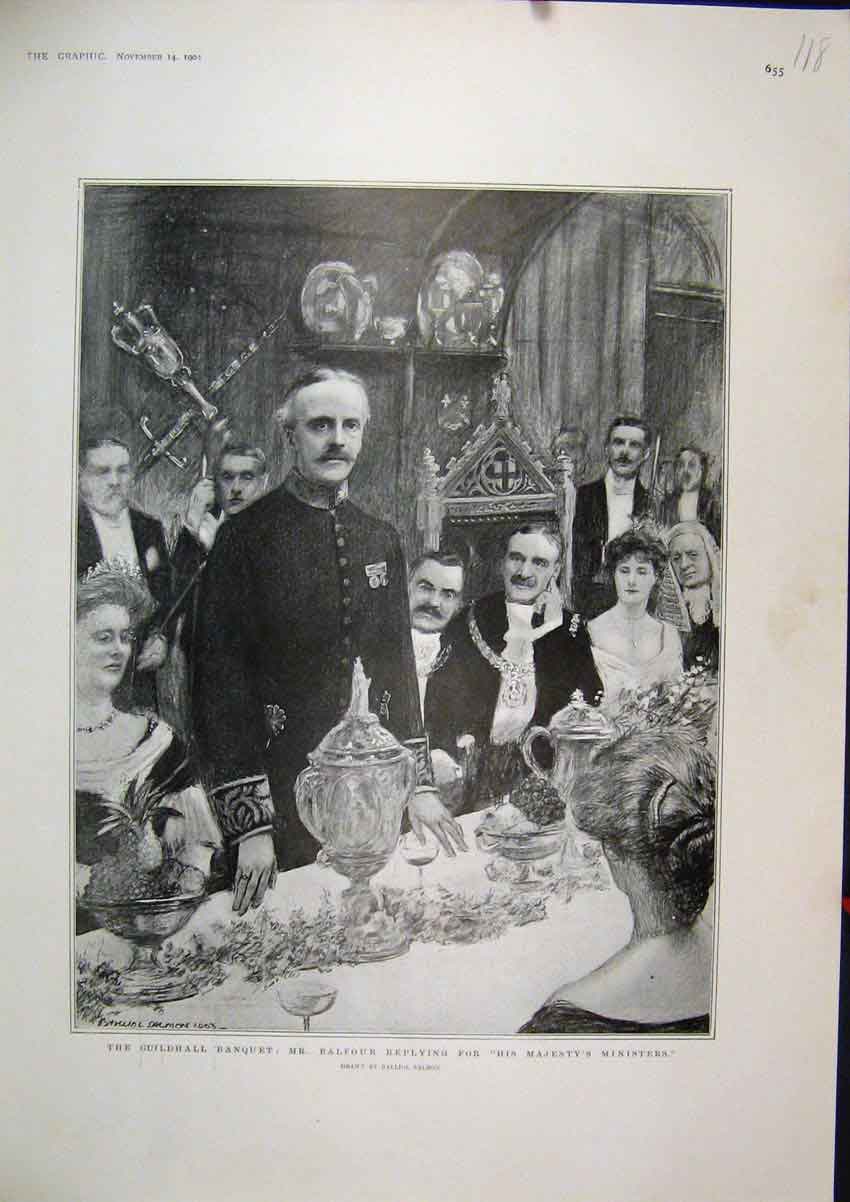 Old Antique Print 1903 Guilhall Banquet Balfour Replying Majesty Minister 20th