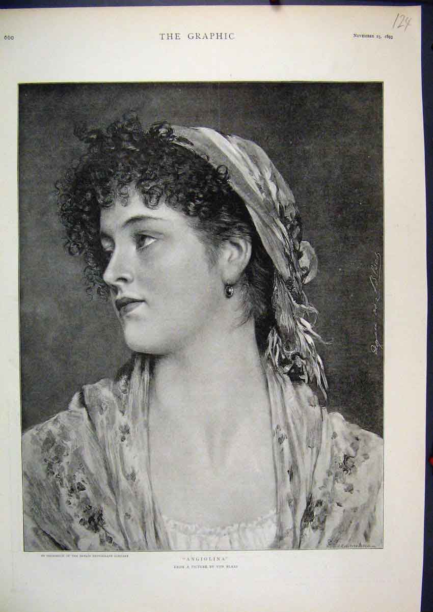 Original Old Antique Print 1893 Portrait Angiolina Curly Hair Beautiful 19th