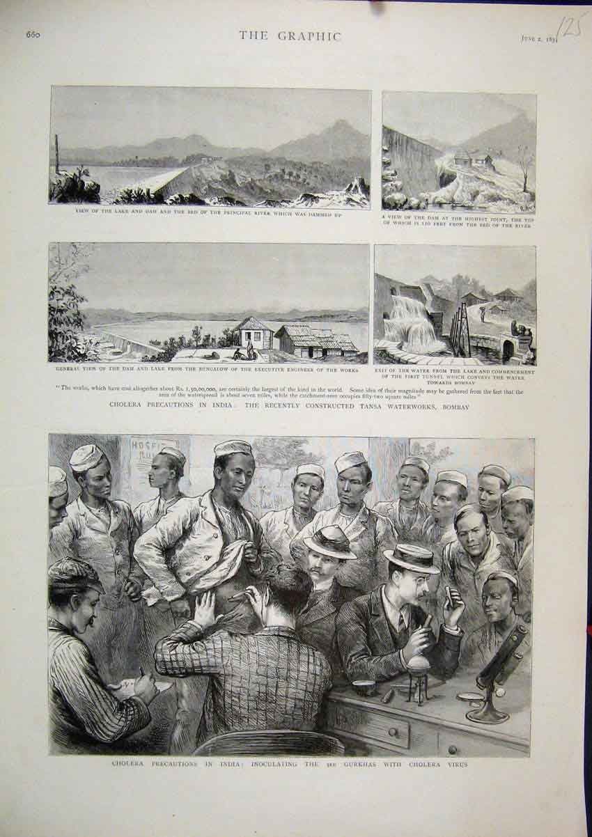 Original Old Antique Print 1894 Cholera Inoculating Gurghas Tansa Waterworks