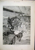 Original Old Antique Print 1893 Gale Stormy Sea Ship Weel Men Collapsing Mast