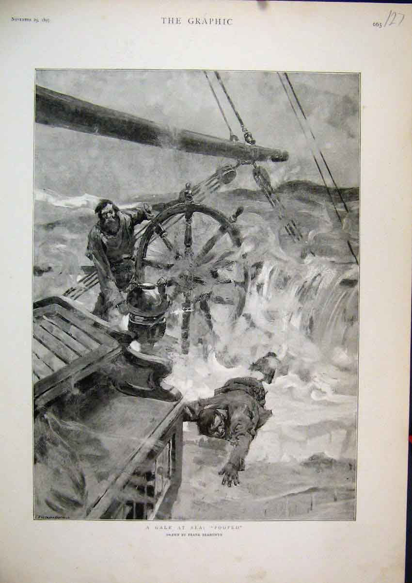 Original Old Antique Print 1893 Gale Stormy Sea Ship Weel Men Collapsing Mast
