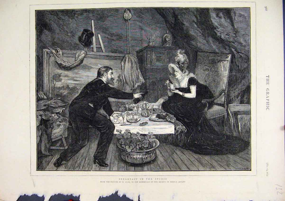 Original Old Antique Print 1873 Breakfast Artist Studio Man Woman Tea Fine Art
