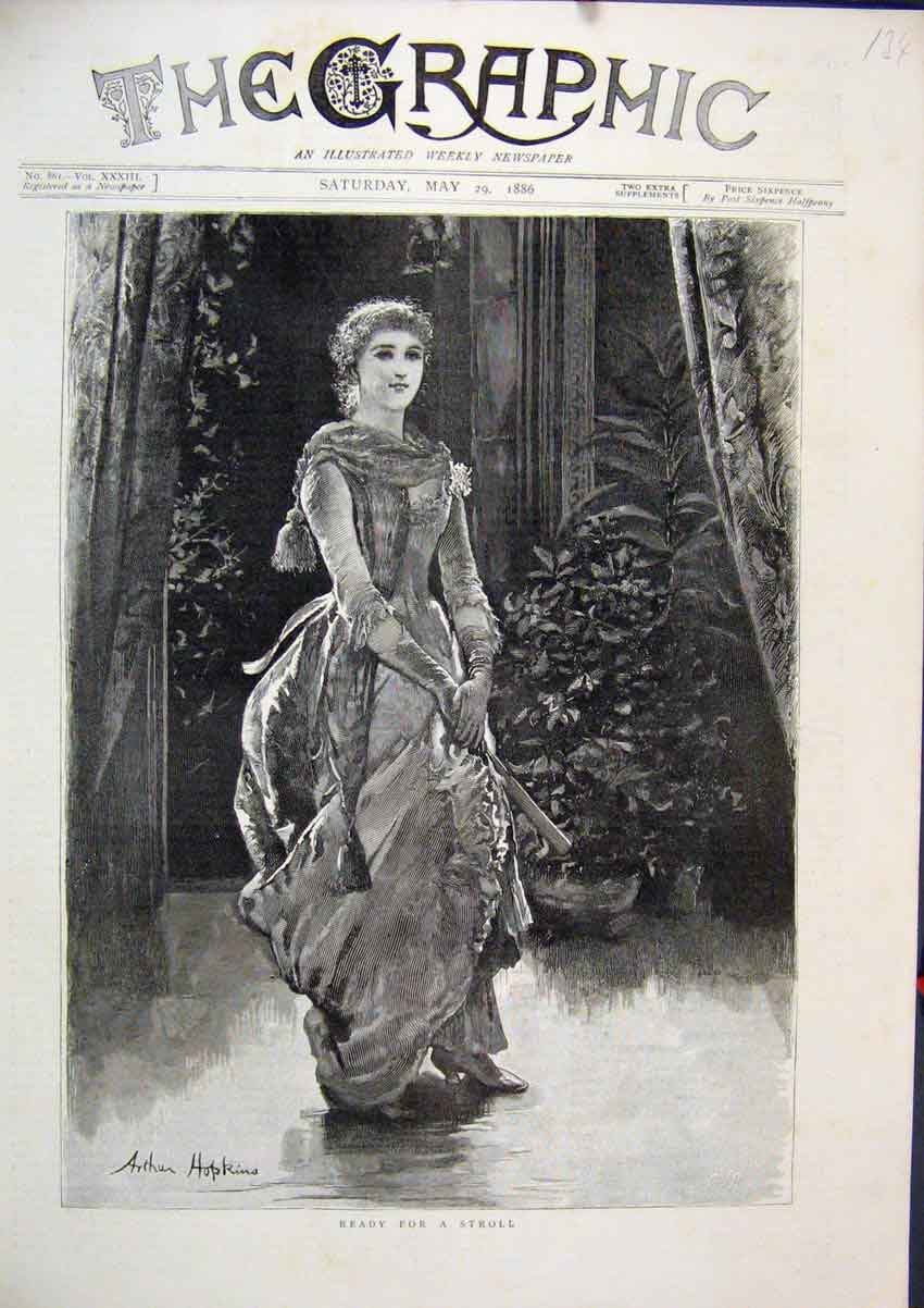 Original Old Antique Print Beautiful Woman Dressed Up Ready Walk Plants 1886