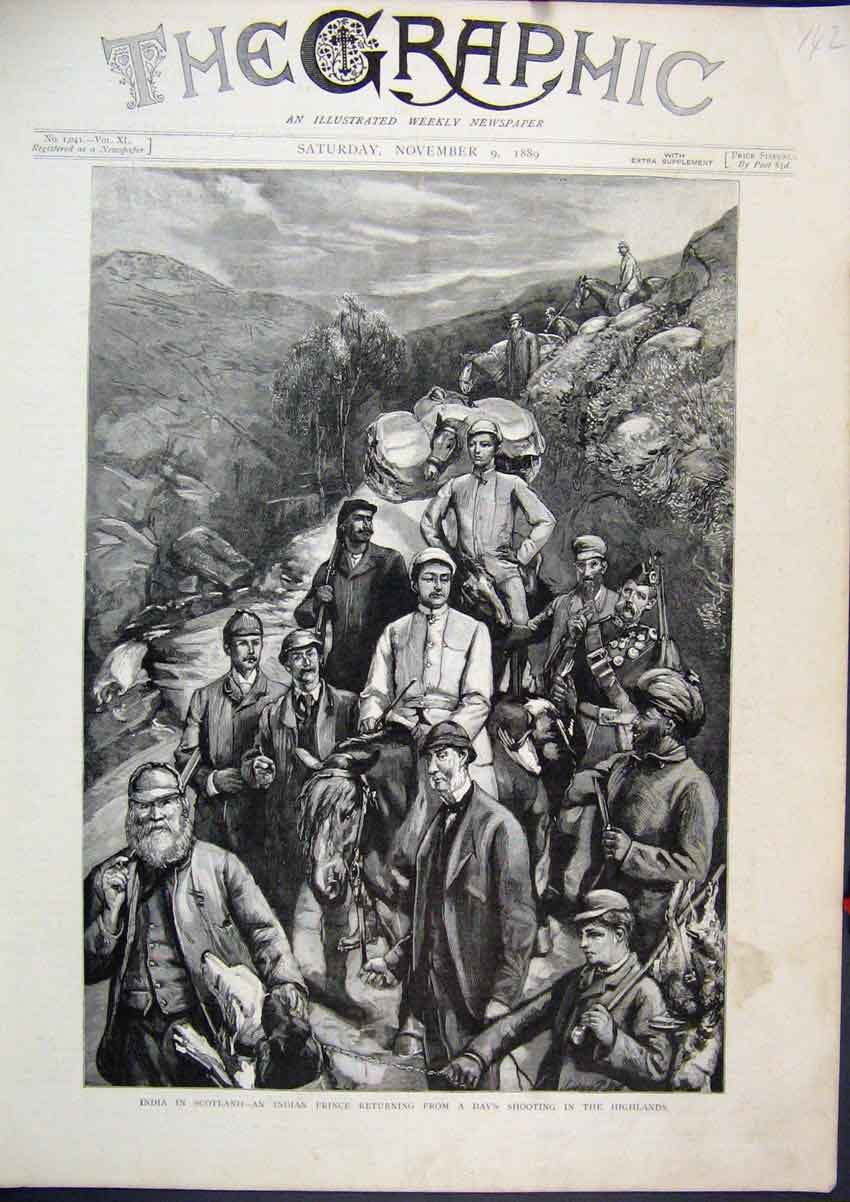 Original Old Antique Print Scotland Indian Prince Returning Days Shooting 1889