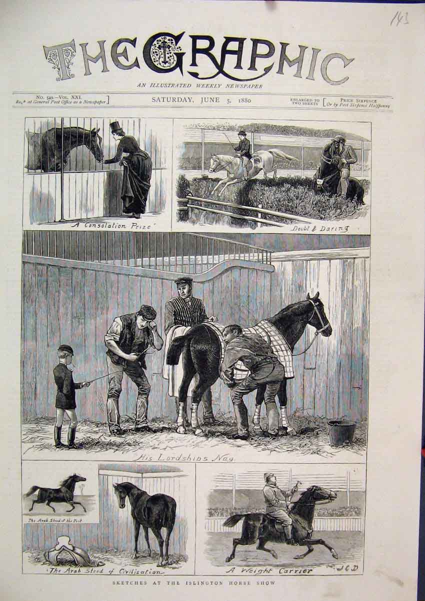 Original Old Antique Print 1880 Sketches Islington Horse Show Arab Jumping Nag