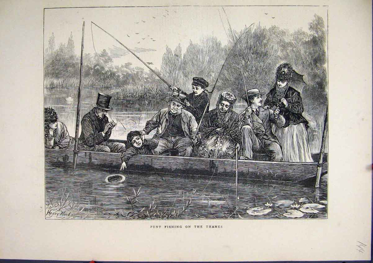 Original Old Antique Print 1871 Family Punt Fishing River Thames Country Scene