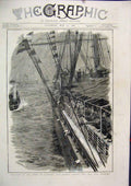 Original Old Antique Print Queen Visit Liverpool 1886 Crowds Cheering Ship Sea
