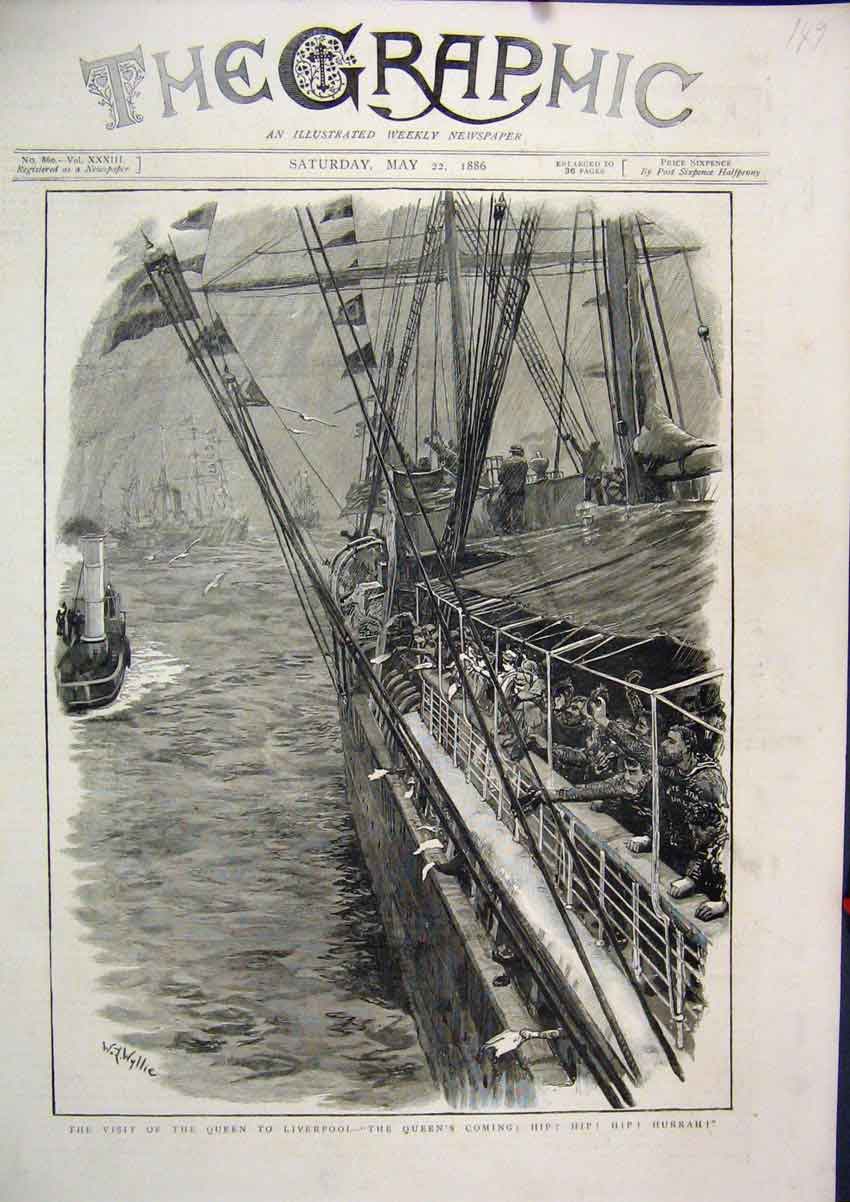 Original Old Antique Print Queen Visit Liverpool 1886 Crowds Cheering Ship Sea