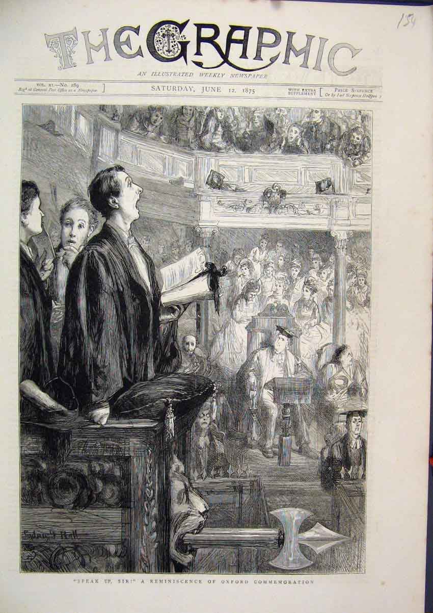 Original Old Antique Print Reminiscence Oxford Commemoration 1875 Speaker House