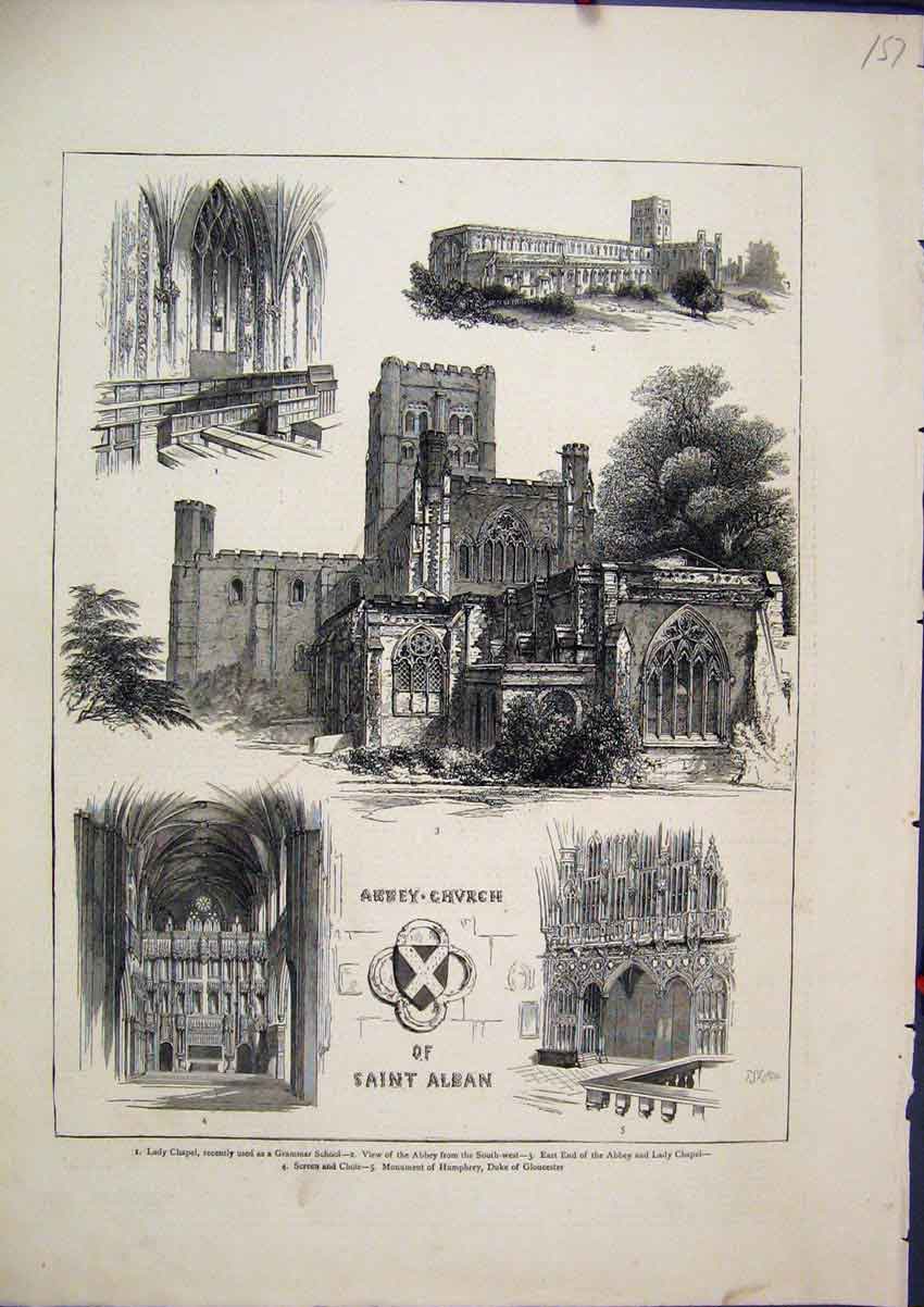 Original Old Antique Print 1871 Abbey Church Saint Alban Lady Chapel Humphrey