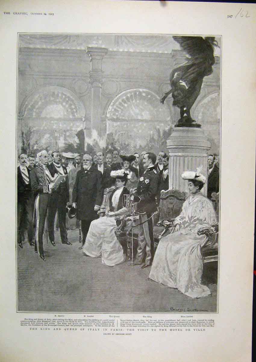 Old Antique Print 1903 King Queen Italy Paris Visit Hotel De Ville Loubet 20th