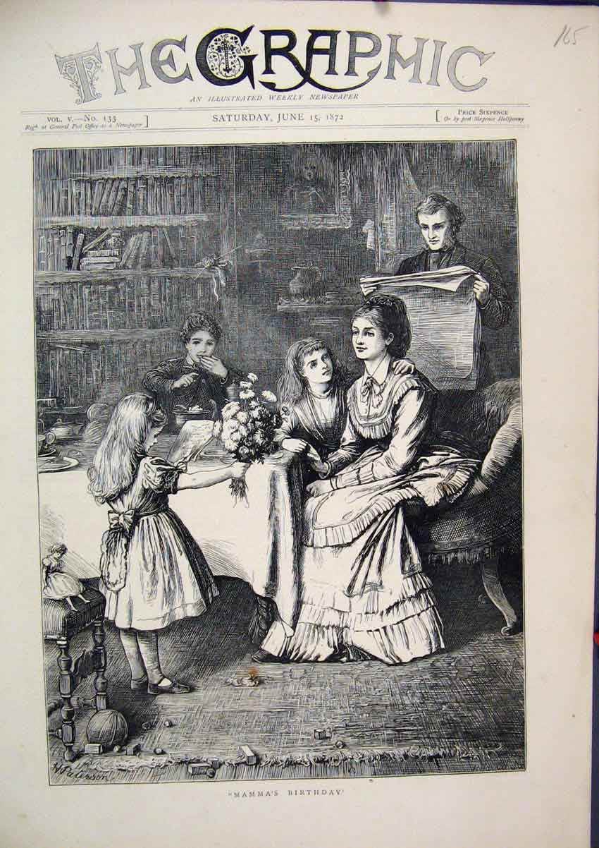 Old Antique Print 1872 Mammas Birthday Little Girls Flowers Man Reading 19th