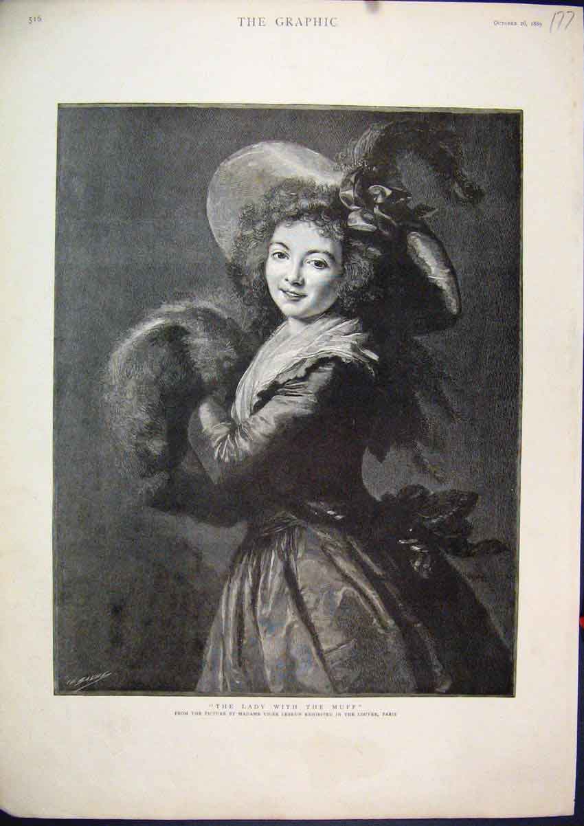 Original Old Antique Print Portrait Lady Fur Muff 1889 Beautiful 19th