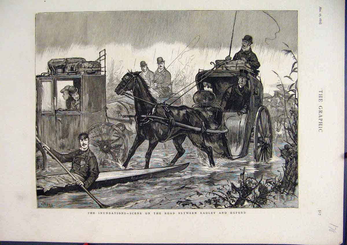 Original Old Antique Print Inundations-Scene 1875 Road Radley Oxford Horse Cart