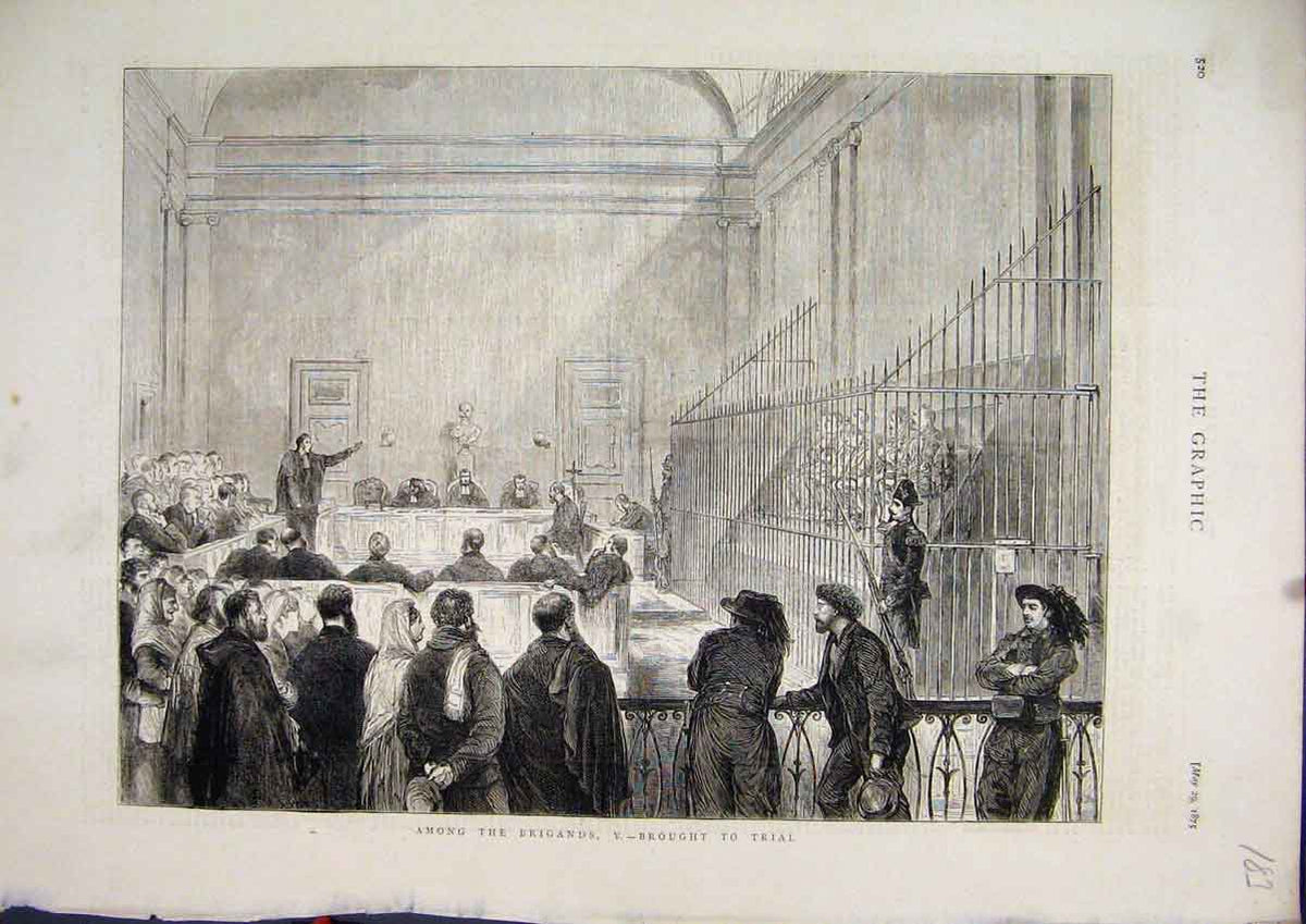 Original Old Antique Print 1875 Among Brigands Trial Courtroom People Watching