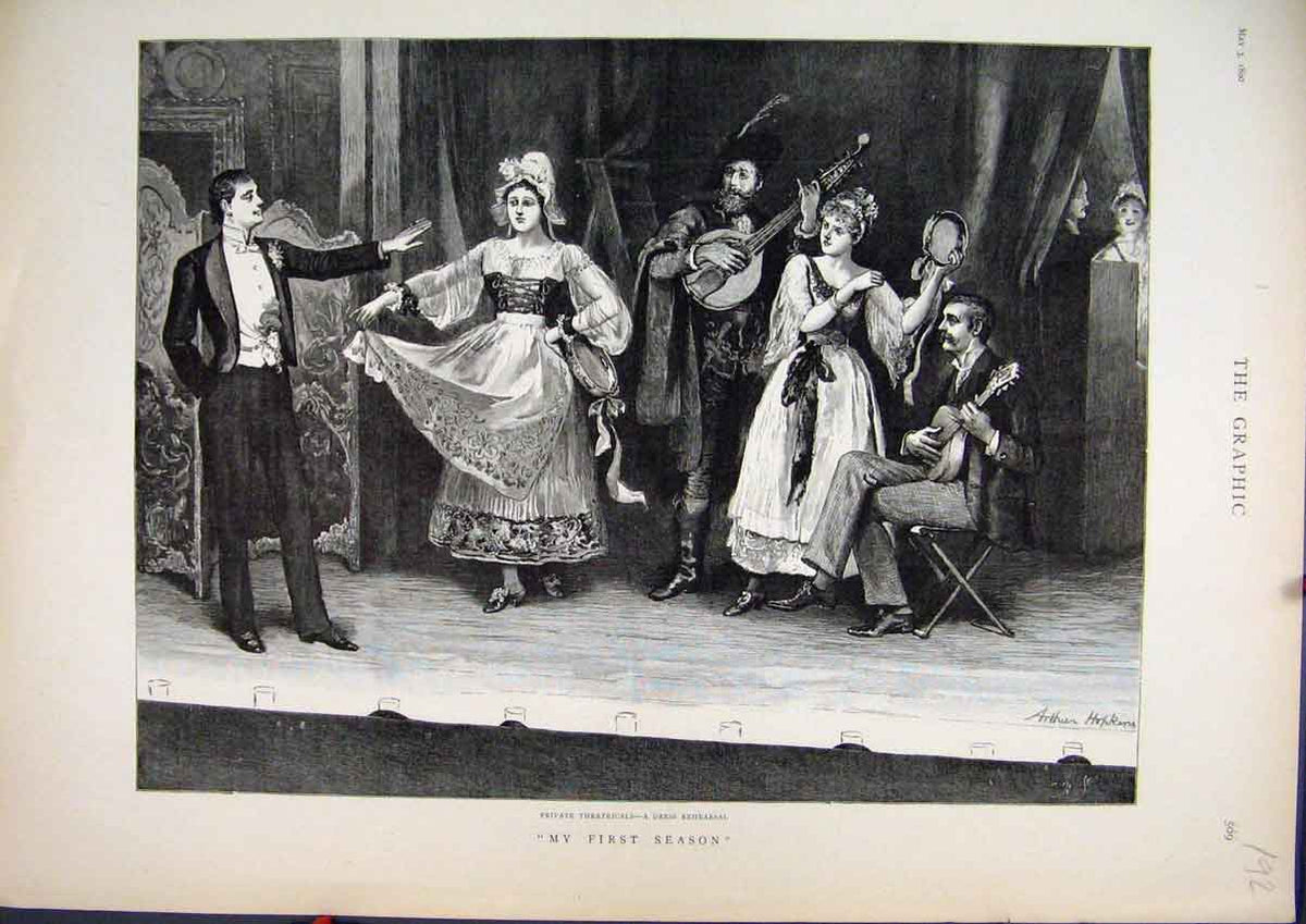 Original Old Antique Print 1890 First Season Private Theatrical Dress Rehearsal