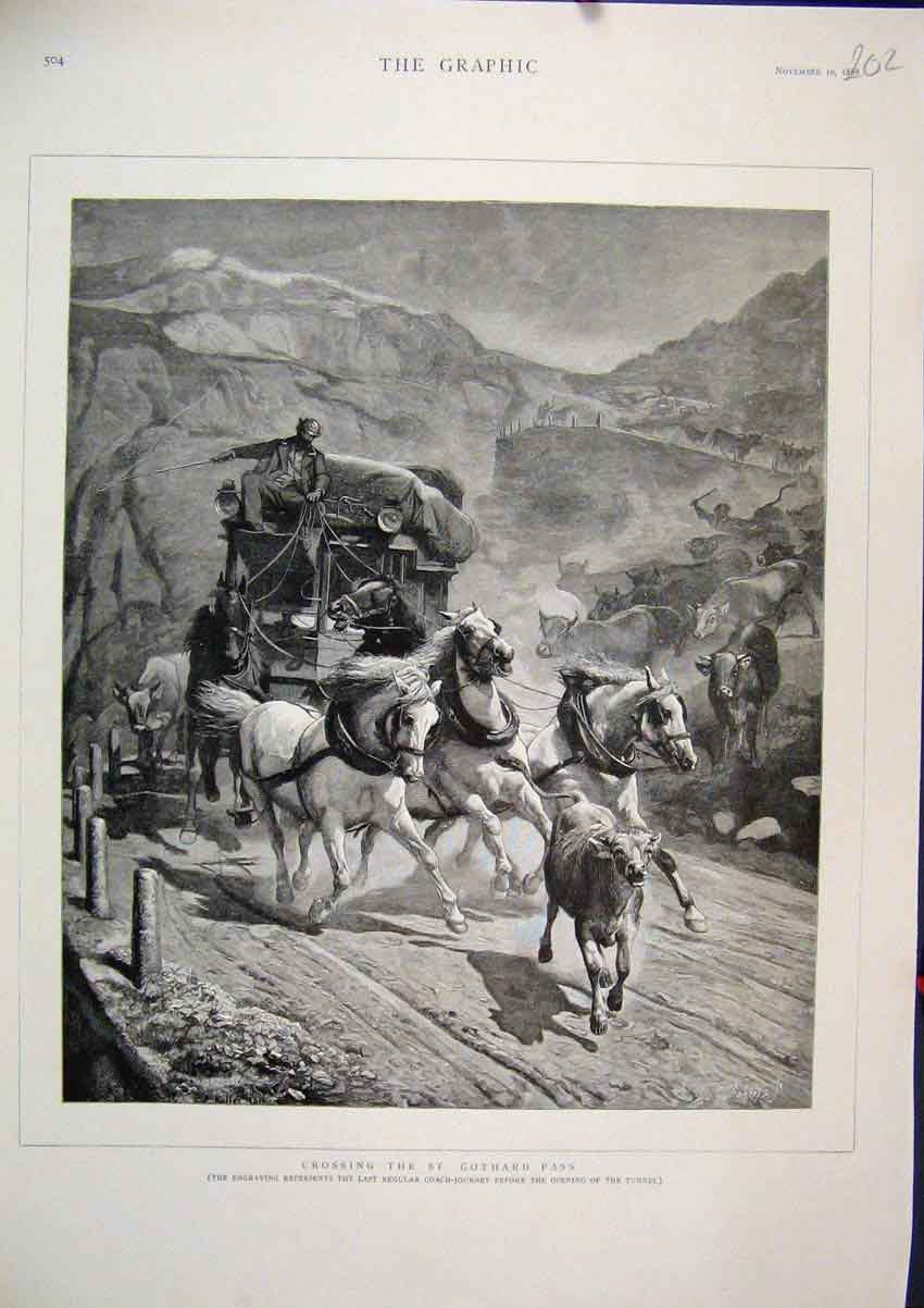 Original Old Antique Print 1888 Horses Crossing Gothard Pass Coach Journey 19th