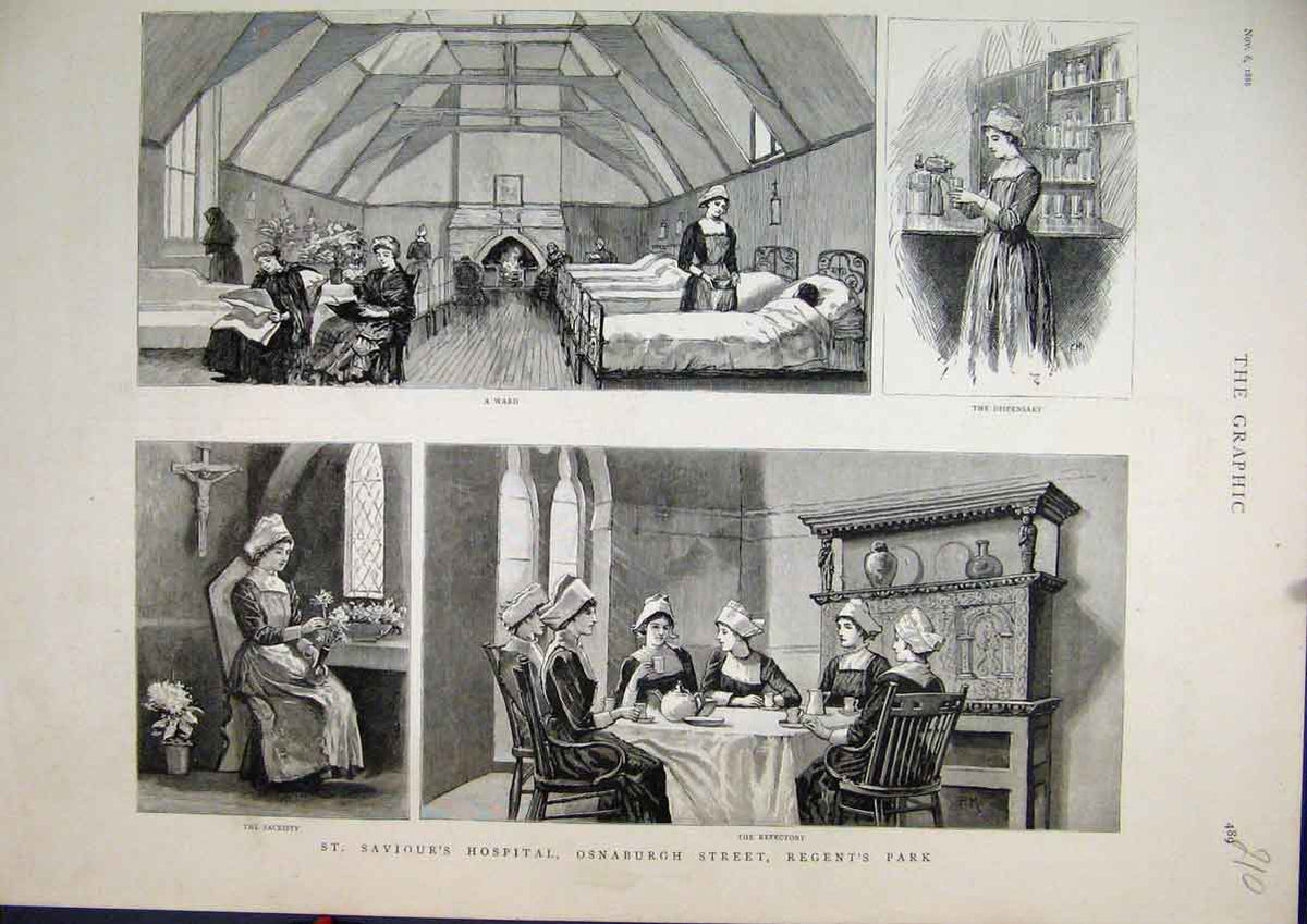 Old Antique Print 1886 Saviours Hospital Ward Dispensary Refectory Nurse 19th