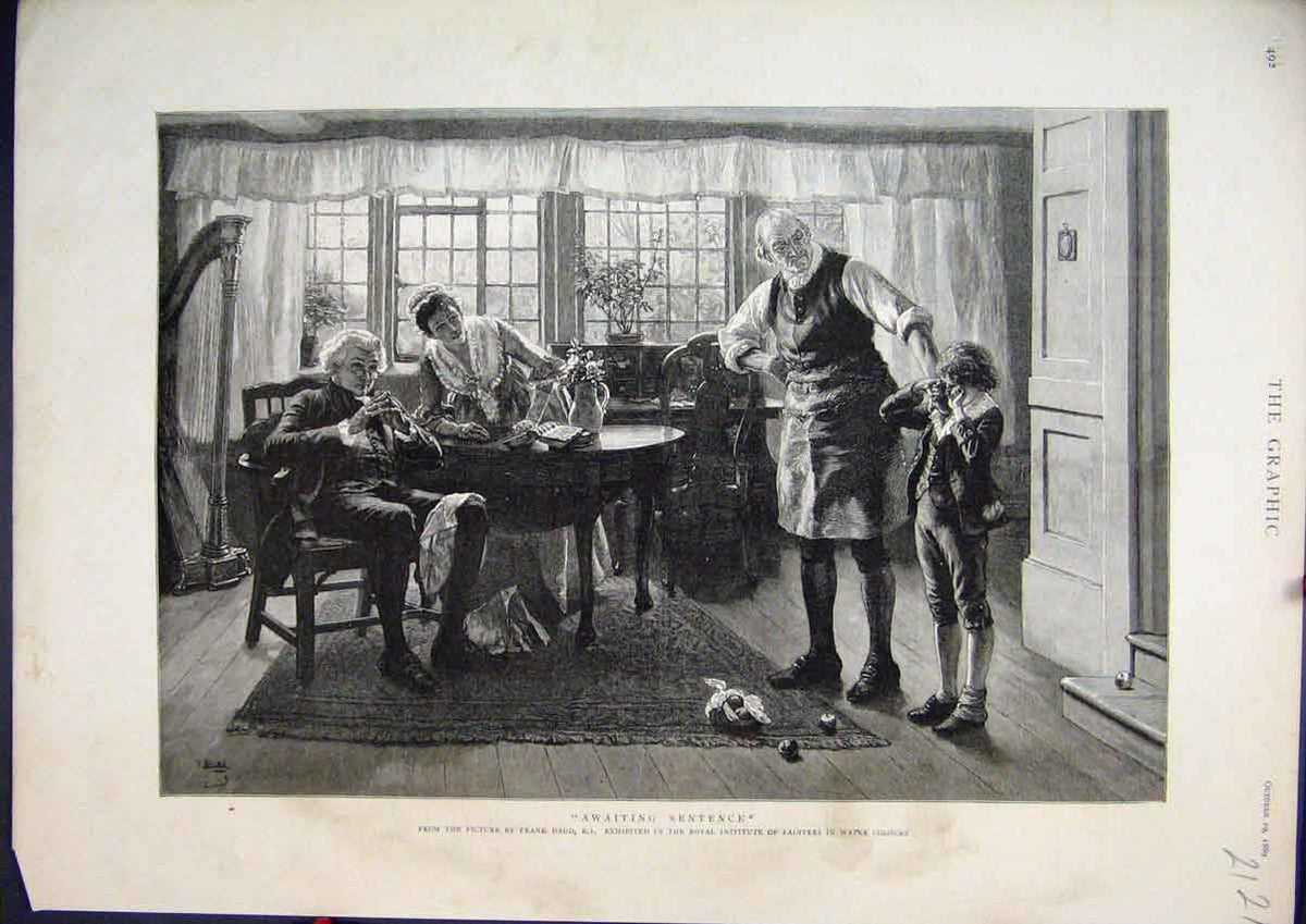 Original Old Antique Print 1889 Little Boy Mischief Woman Man Table Apples 19th