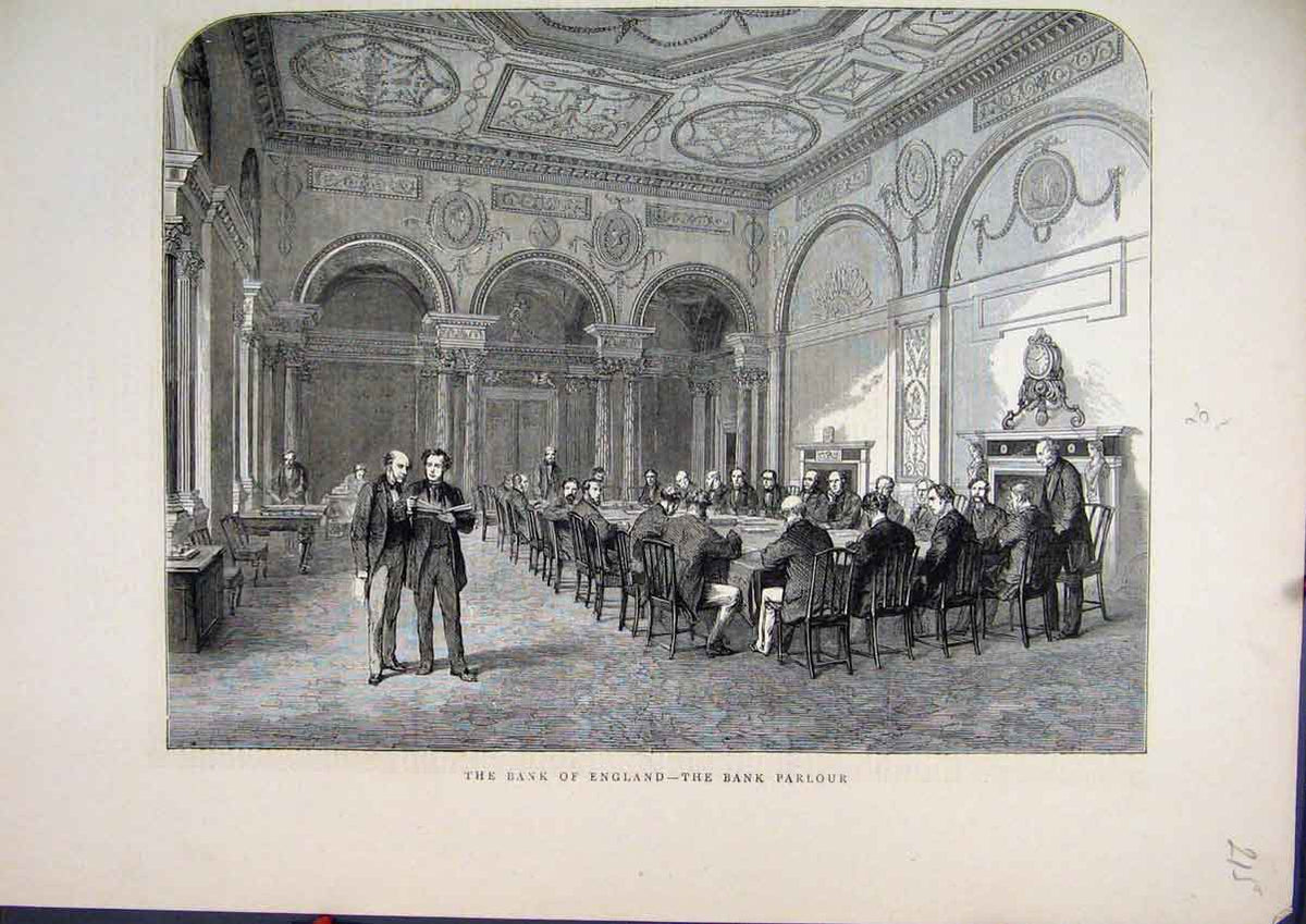 Original Old Antique Print 1870 Bank England Parlour Man Sitting Table 19th