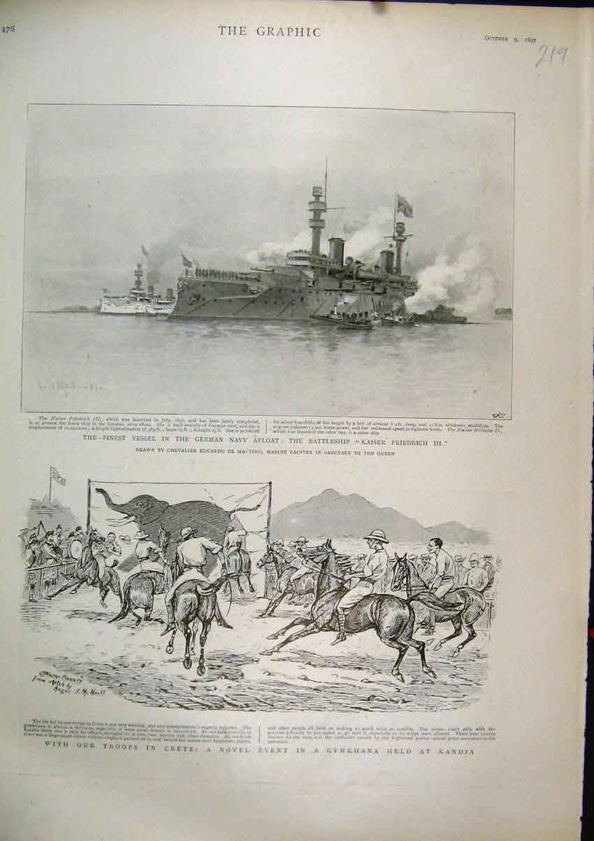 Old Antique Print 1897 Battleship Kaiser Friedrich Gymkhana Crete Troops 19th