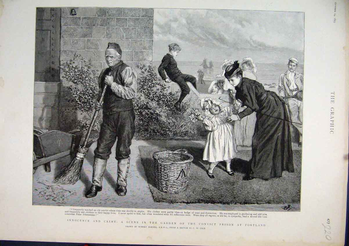 Original Old Antique Print 1893 Scene Garden Convict Prison Portland Man Brush