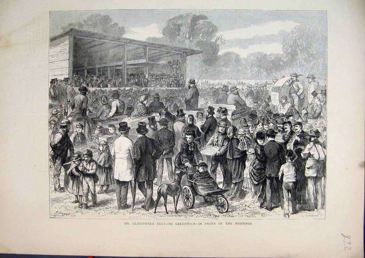 Old Antique Print Mr Gladstone 1871 Visit Greenwich Hustings People Crowd 19th