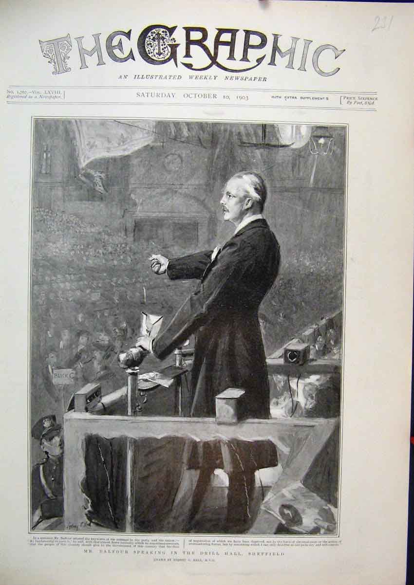 Old Antique Print 1903 Mr Balfour Speaking Drill Hall Sheffield Drawing 20th