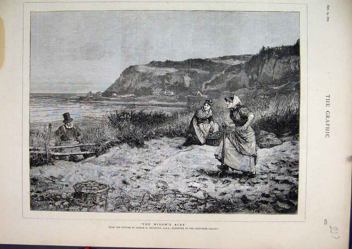 Old Antique Print 1879 Widow Woman Working Field Man Watching Sea Scene 19th