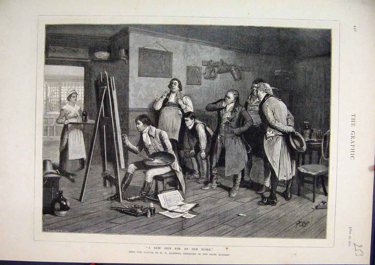 Old Antique Print 1877 Artist Painting Men Watching Maid Serving Drinks 19th
