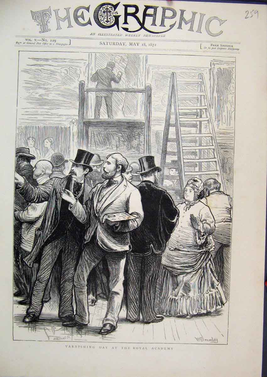 Original Old Antique Print 1872 Men Varnishing Royal Academy Top Hats Sketch