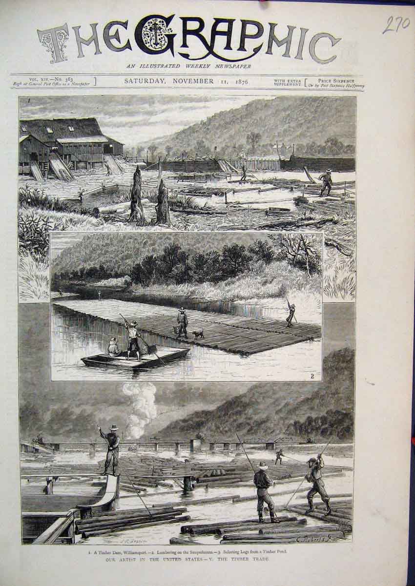 Old Antique Print United States 1876 Timber Trade Logs Pond Dam Sketches 19th