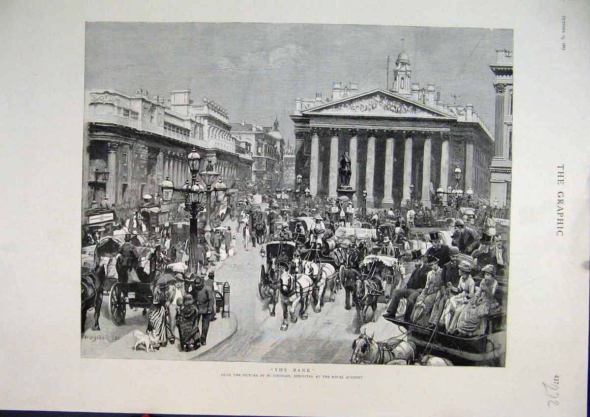 Original Old Antique Print Bank 1887 Street Scene Building Horse Cart Crowds