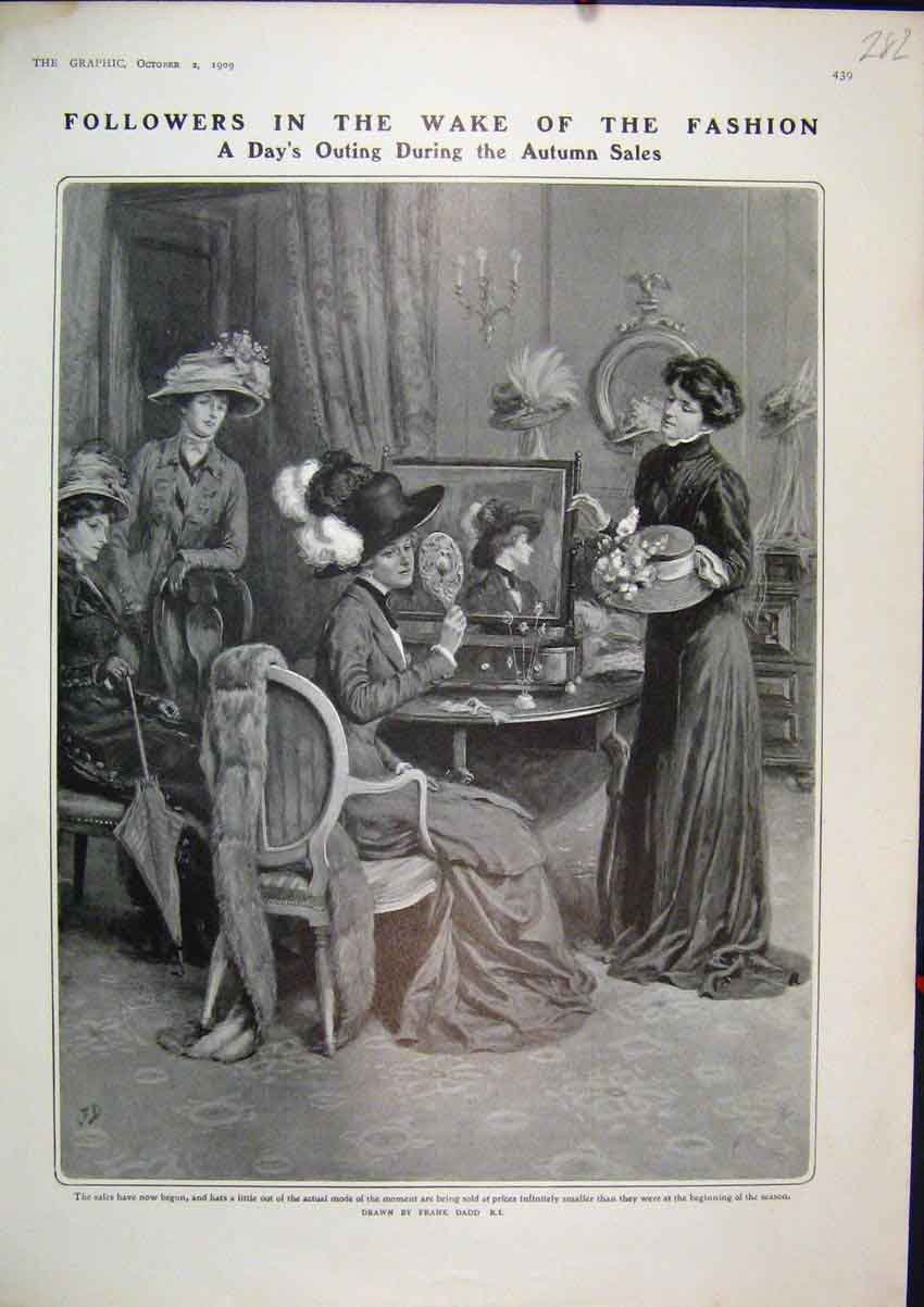 Original Old Antique Print Followers Wake Fashion Days Out Autumn Sales 1909