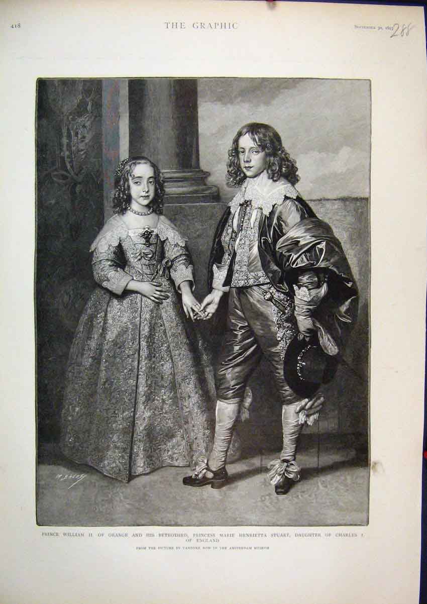 Original Old Antique Print 1893 Prince William Orange Princess Marie Henrietta