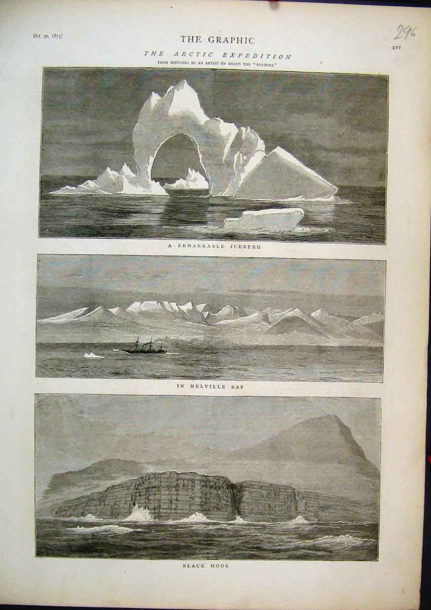 Old Antique Print 1875 Arctic Expedition Black Hook Melville Bay Iceberg 19th