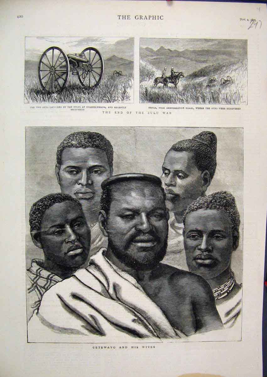 Original Old Antique Print 1879 Zulu War Cetewayo Wives Donga Guns Kraal 19th