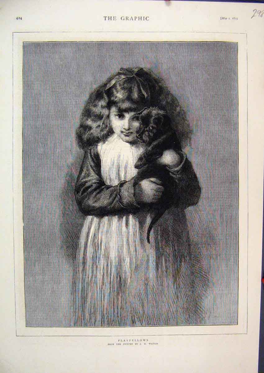 Original Old Antique Print 1875 Portrait Little Girl Puppy Beautiful Victorian