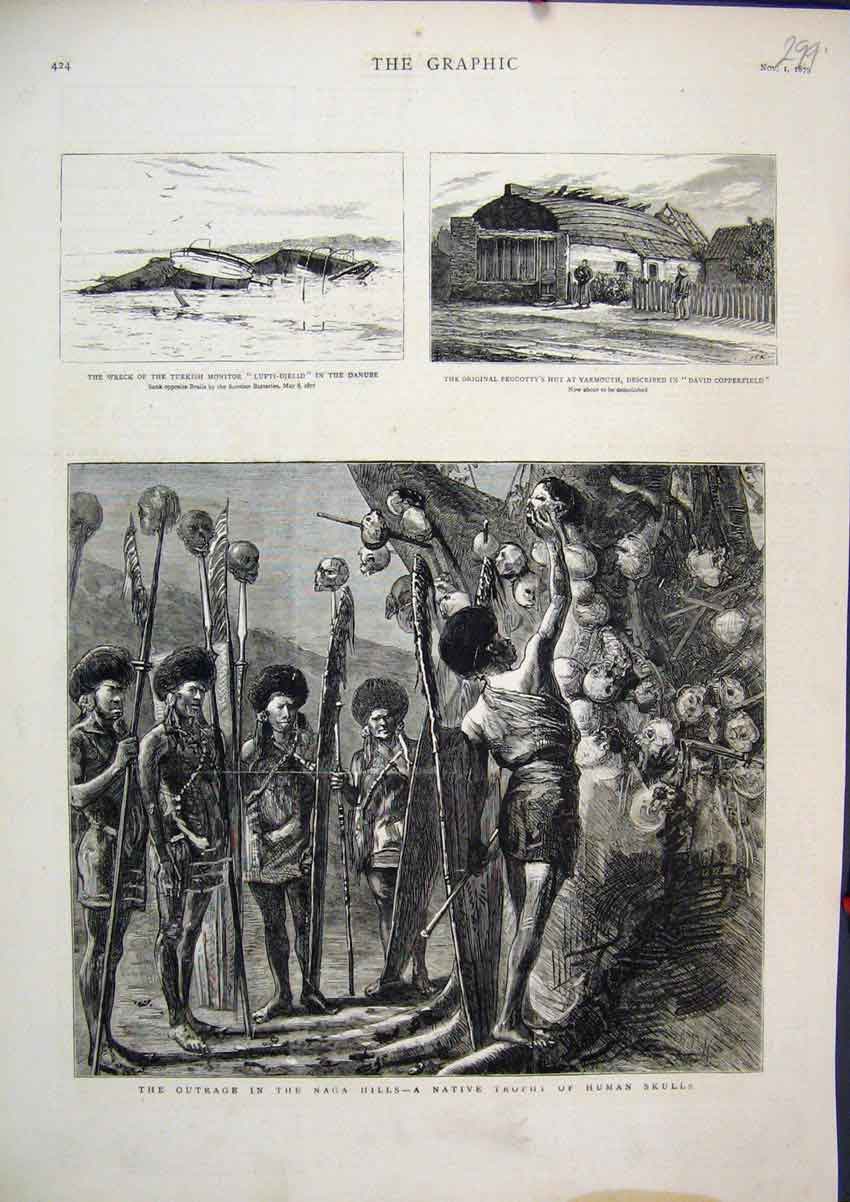 Original Old Antique Print Outrage Naga Hills Native Trophy Human Skulls 1879