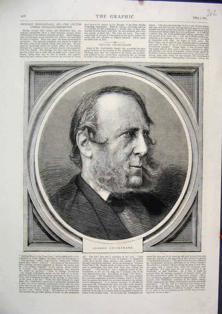 Original Old Antique Print Portrait George Cruikshank Beard 1875 19th
