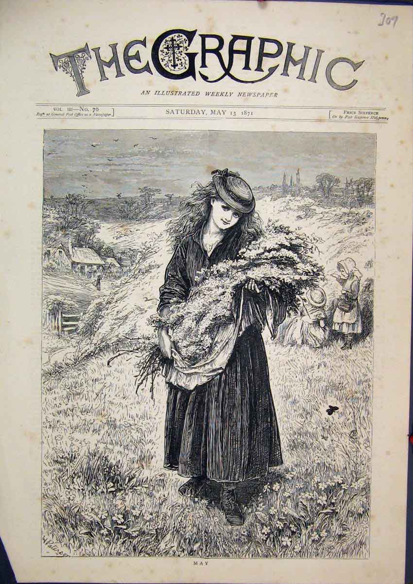 Original Old Antique Print Girl Gathering Flowers May 1871 Country Scene 19th