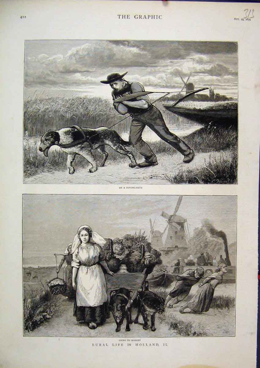 Old Antique Print Rural Life Holland 1879 Towing Boat Path Woman Market 19th