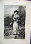 Original Old Antique Print 1885 Woman Gathering Wild Flowers Umbrella Country