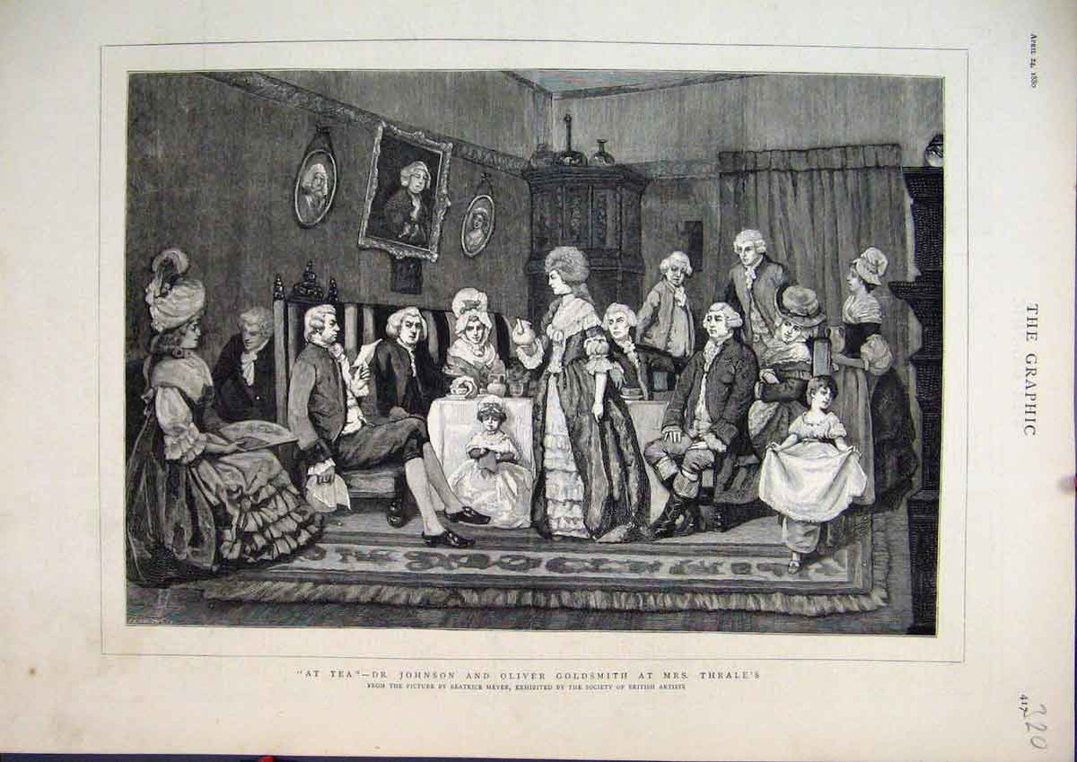 Original Old Antique Print 1880 Johnson Oliver Gsmith Thrale Teatime Victorian