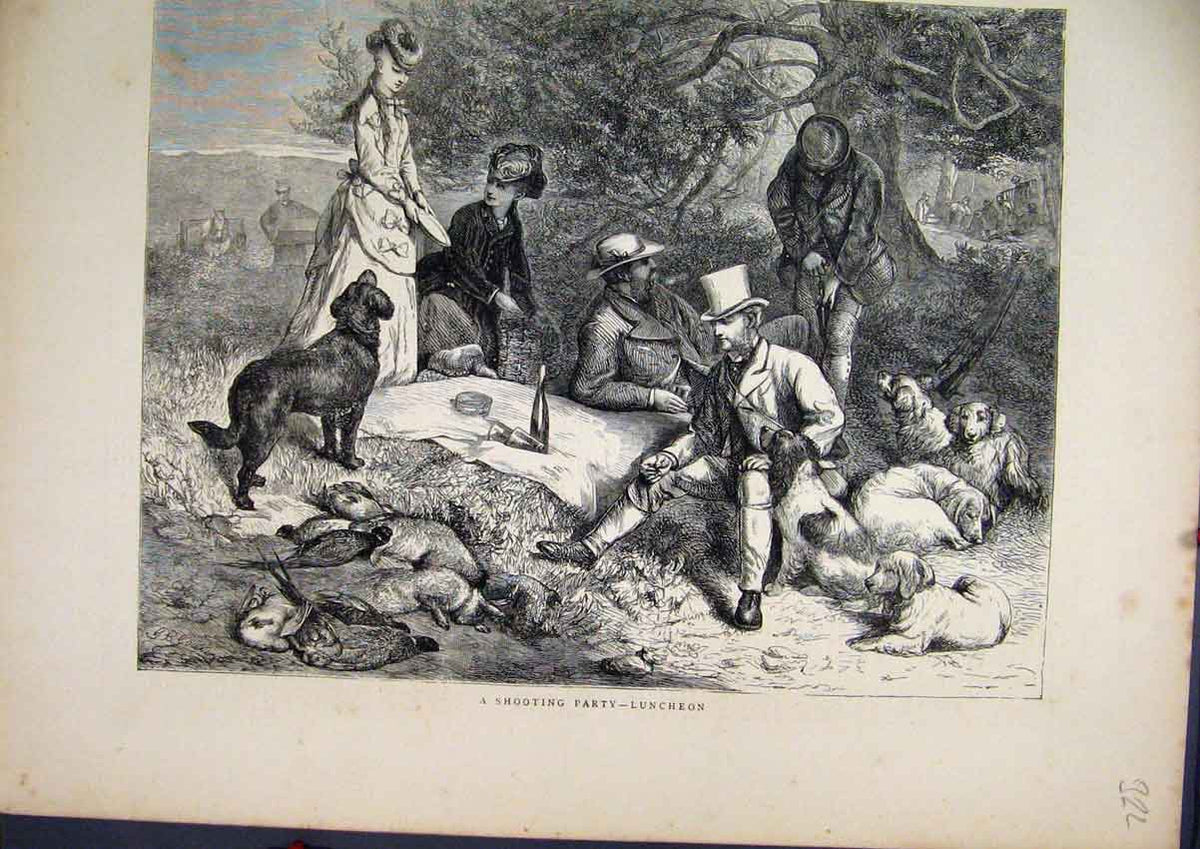 Old Antique Print 1871 Shooting Party Lunch Time Dogs Men Country Scene 19th