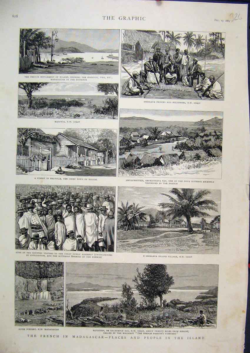 Original Old Antique Print 1884 French Madagascar River Sakalava Prince Nossibe