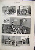 Original Old Antique Print 1883 Foxhounds Feeding Exercising Kitchen Footbath