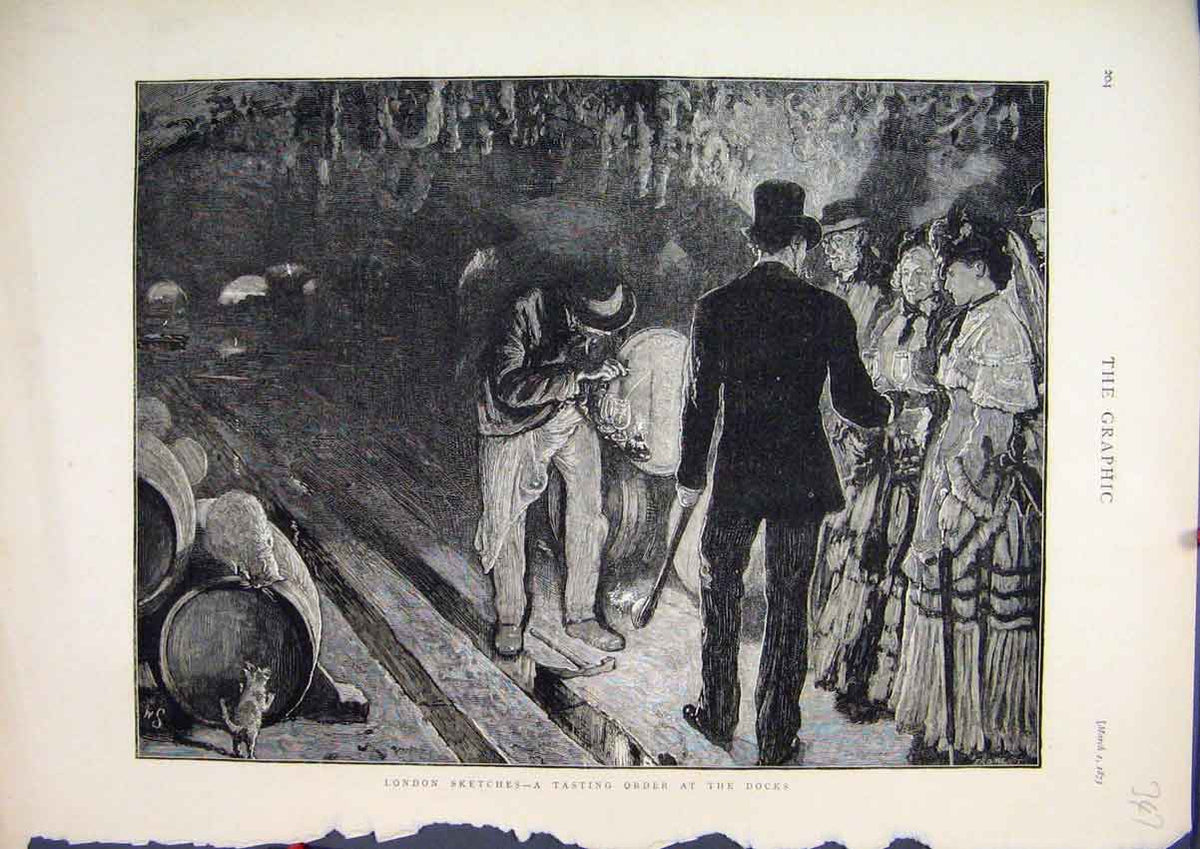 Old Antique Print 1873 London Sketches Tasting Wine Docks Women Fine Art 19th