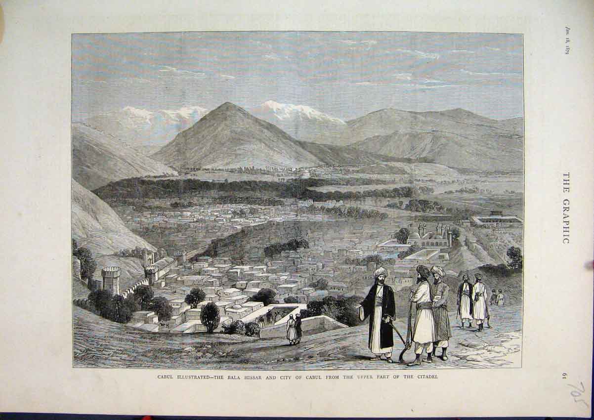 Old Antique Print Cabul Bala Hissar City Upper Part Citadel 1879 Mountain 19th