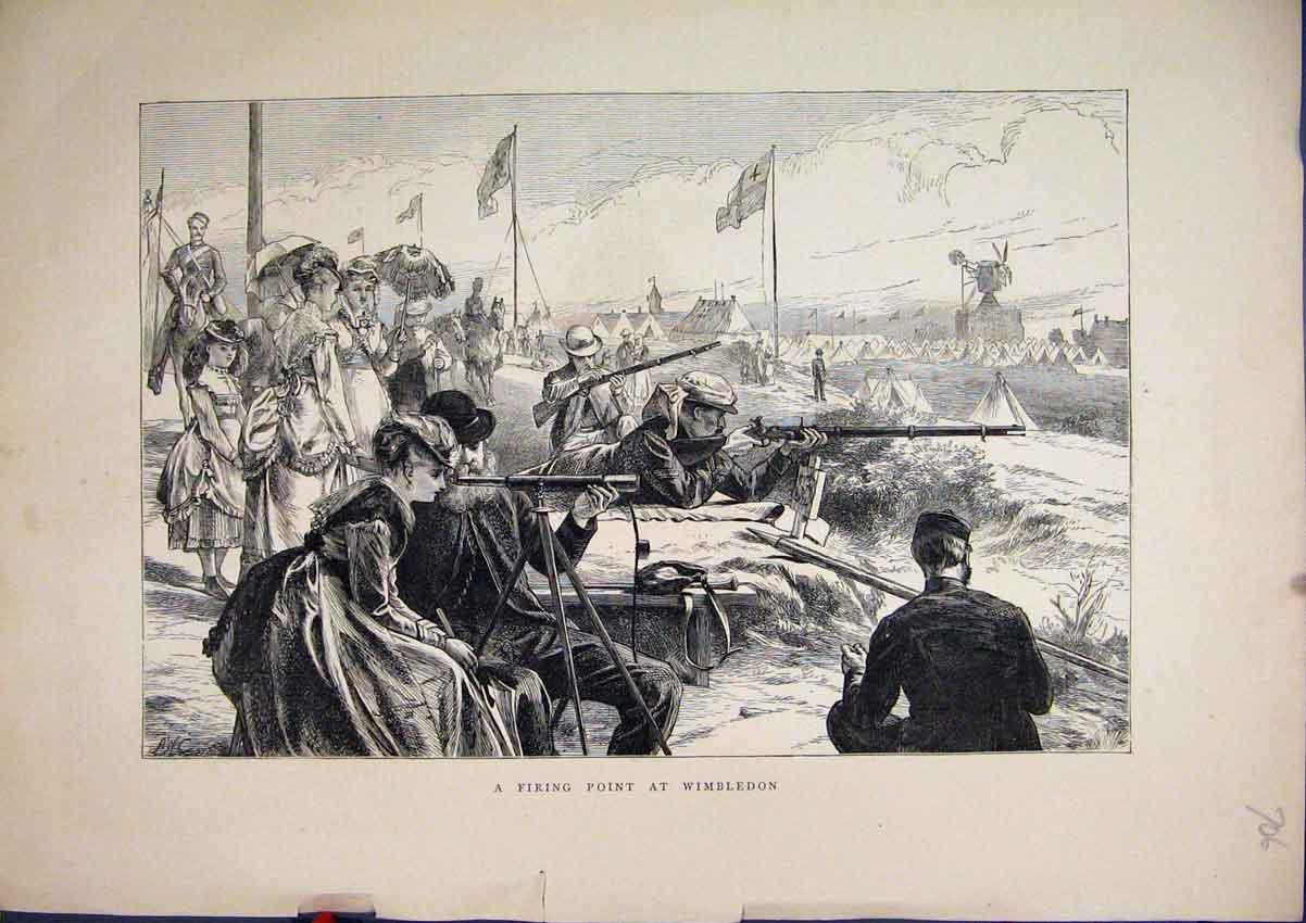 Original Old Antique Print Firing Point Wimbledon 1870 War Rifle Women Parasol